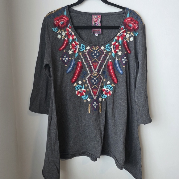 Johnny Was Embroidered Tunic Top Small Gray with Multicolor Accents - Picture 2 of 8